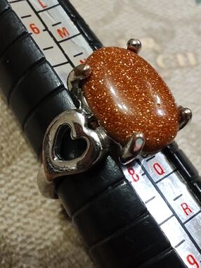 Sparkling Goldstone Heart Ring Set In Stainless Steel Size 8